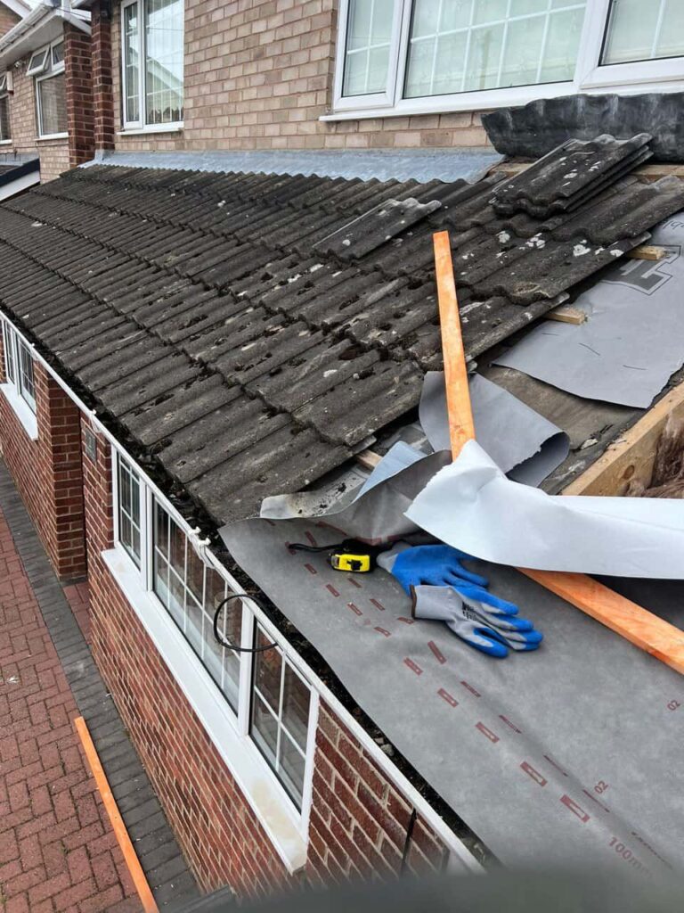 This is a photo of a pitched roof which is being repaired. The existing roof was leaking badly. Works carried out by Keyworth Roofing Repairs